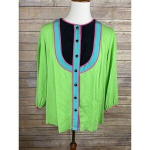Bob Mackie Medium 100% Silk Blouse Green Blue Art to Wear Color Blocked Top Vtg